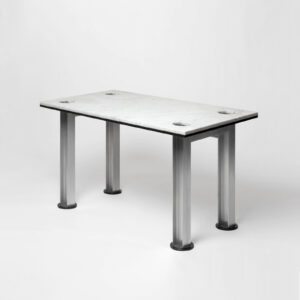 White Carrara table top with aluminum I-beam base.