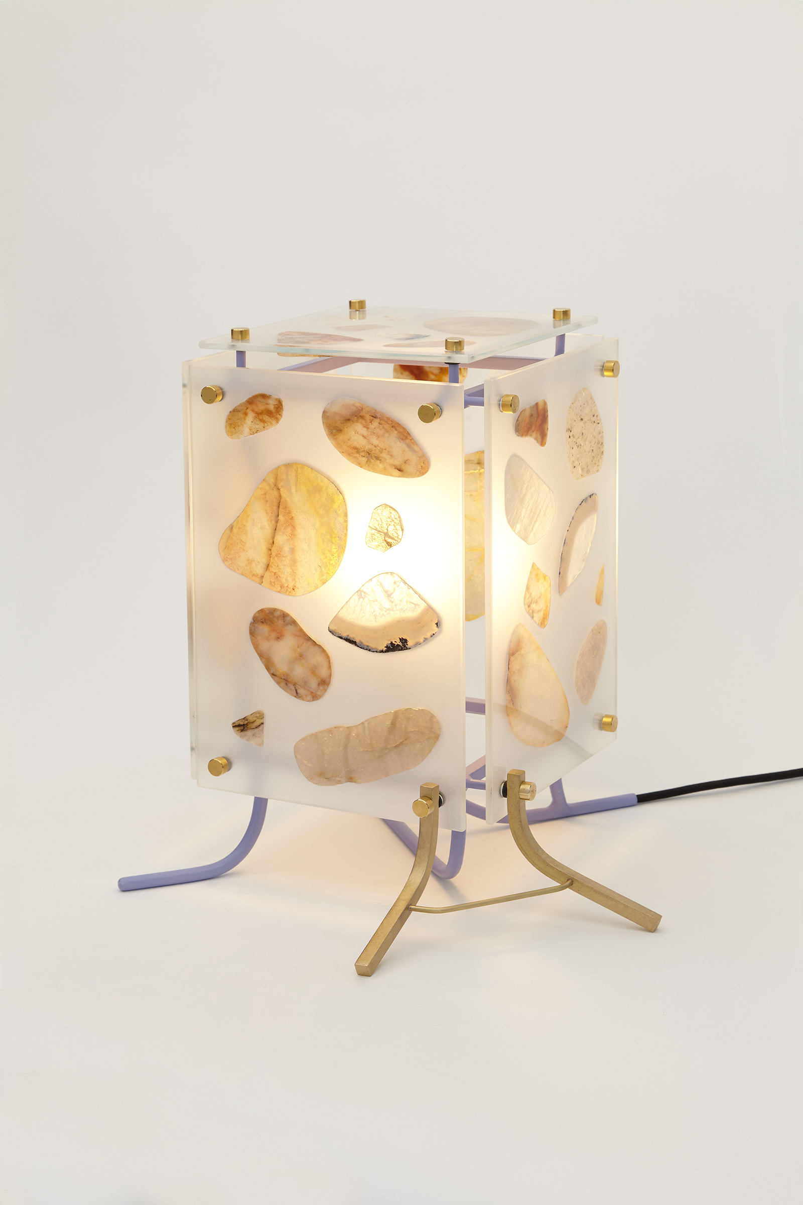 table light made from silvered glass panels with stones glued on, hanging off of a metal frame