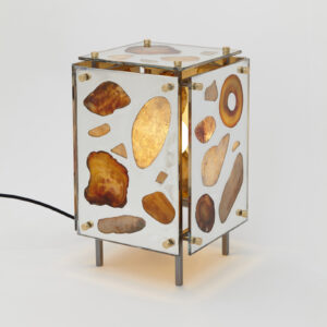 table light made of silvered glass panels with stones glued on hanging on metal frame