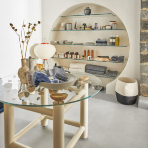 store interior with floating stone tables.