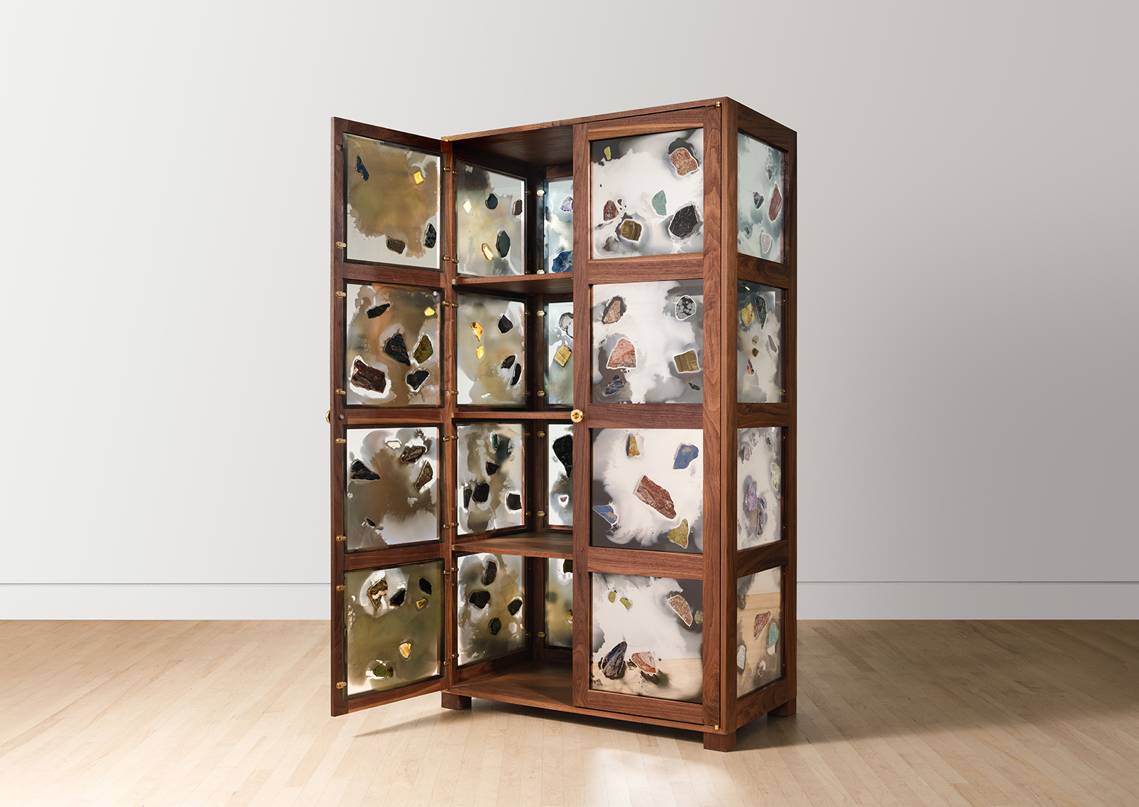walnut frame tall cabinet with mirrored glass panels with stones glued on, with one door open