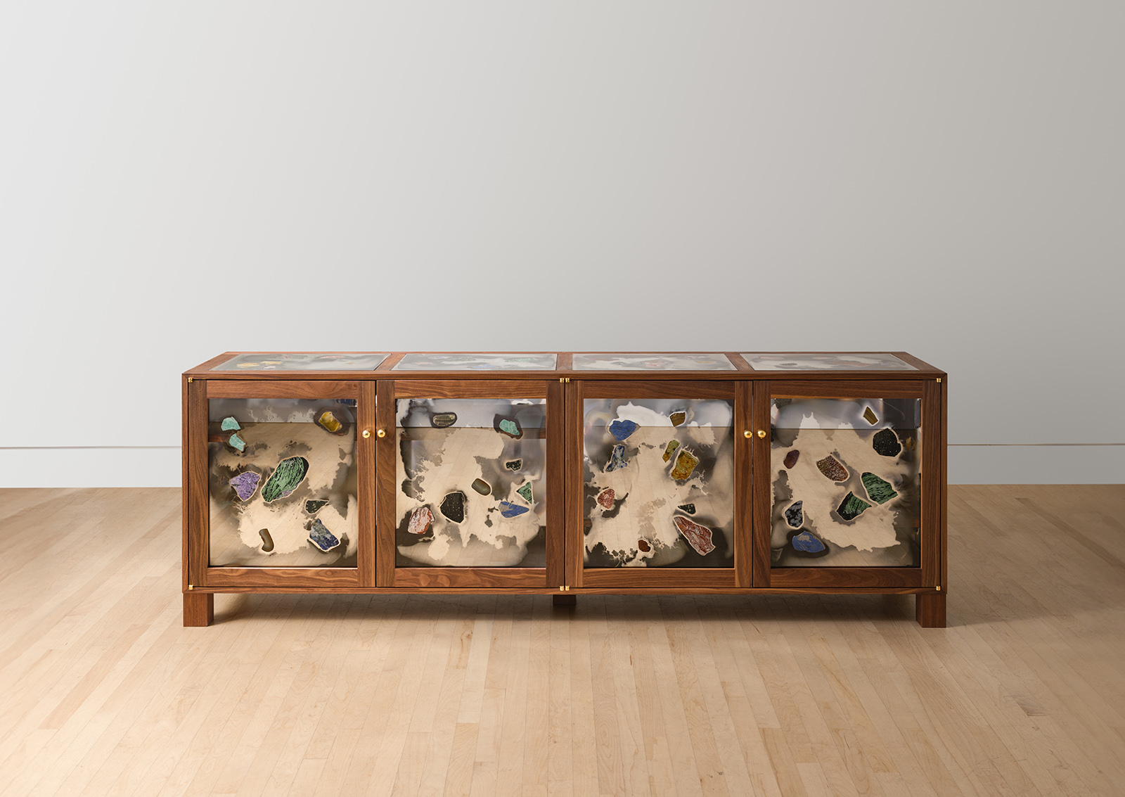 Walnut wood frame credenza with sides made from mirrored glass with stones glued on