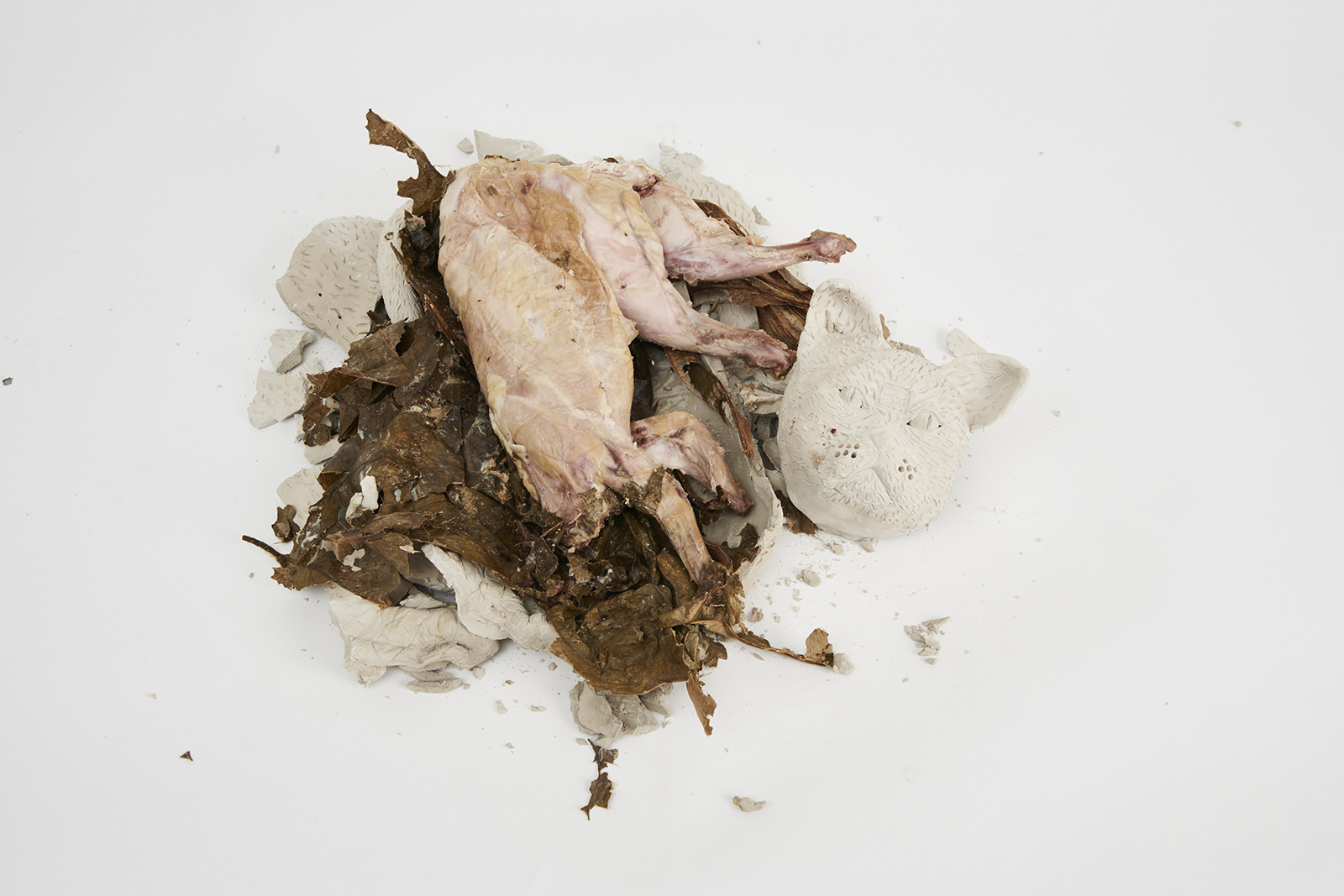 baked rabbit with lotus leave and bits of clay cat around it