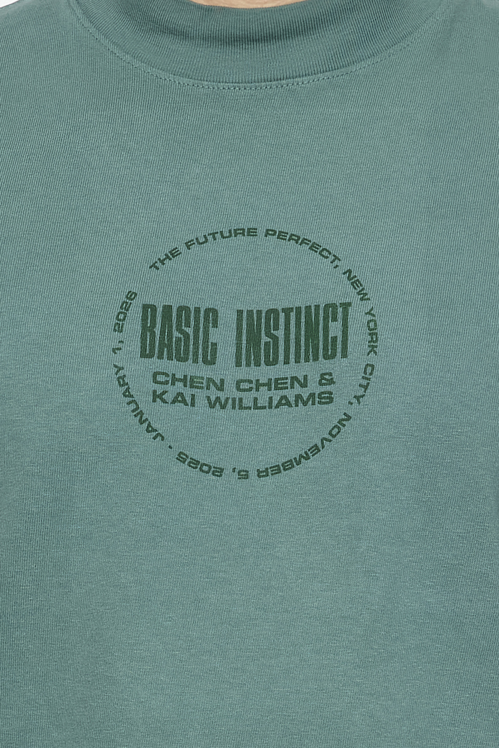 detail of front of shirt with the words "Basic Instinct, chen chen & kai williams"